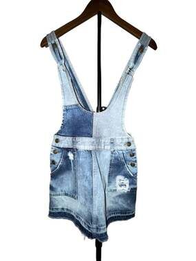 NWOT Free People Patchwork Blues Denim Pinafore Overall Mini Dress - Size 0